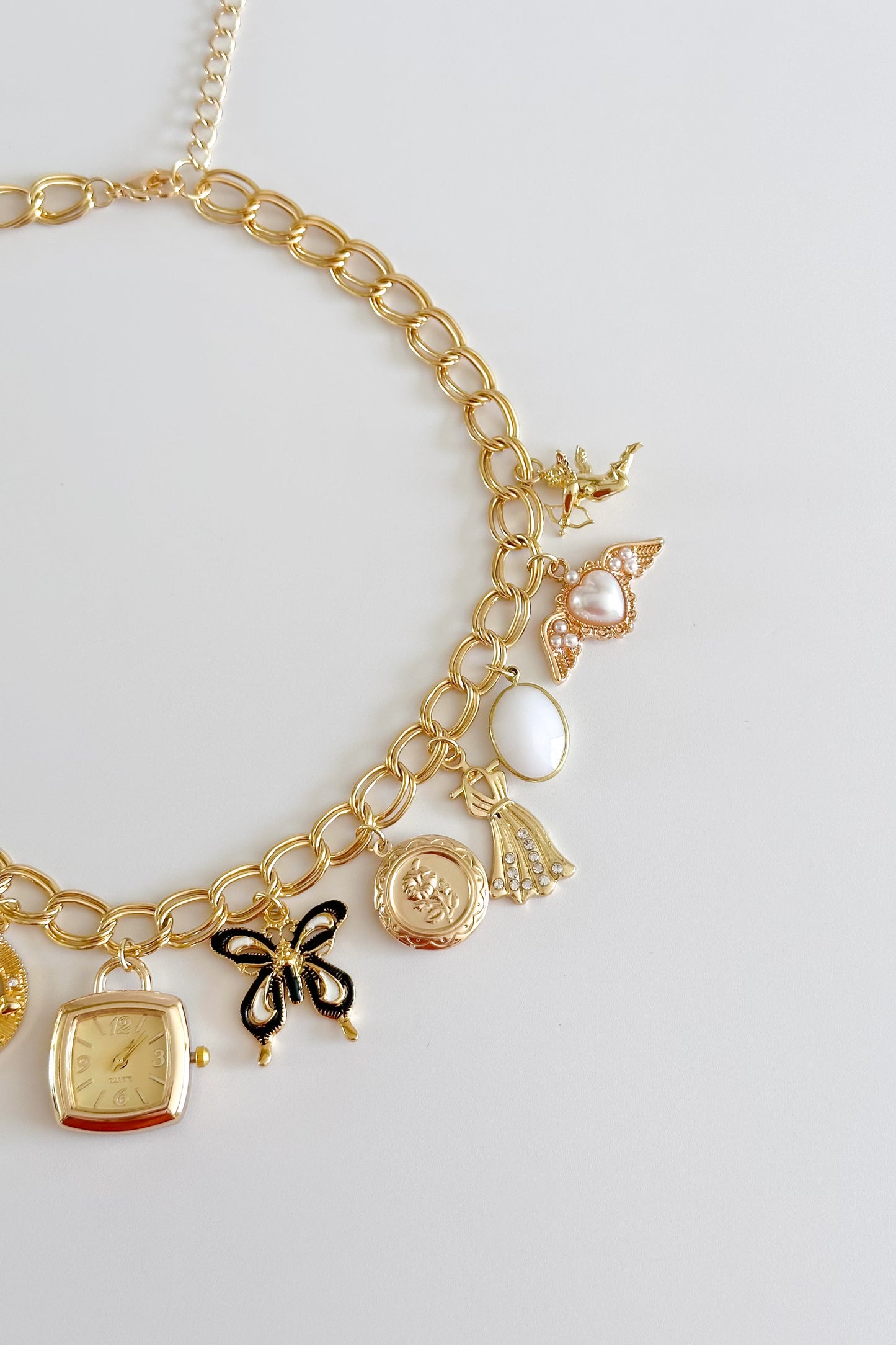 Timepiece Gold Plated Statement Vintage Charm Necklace