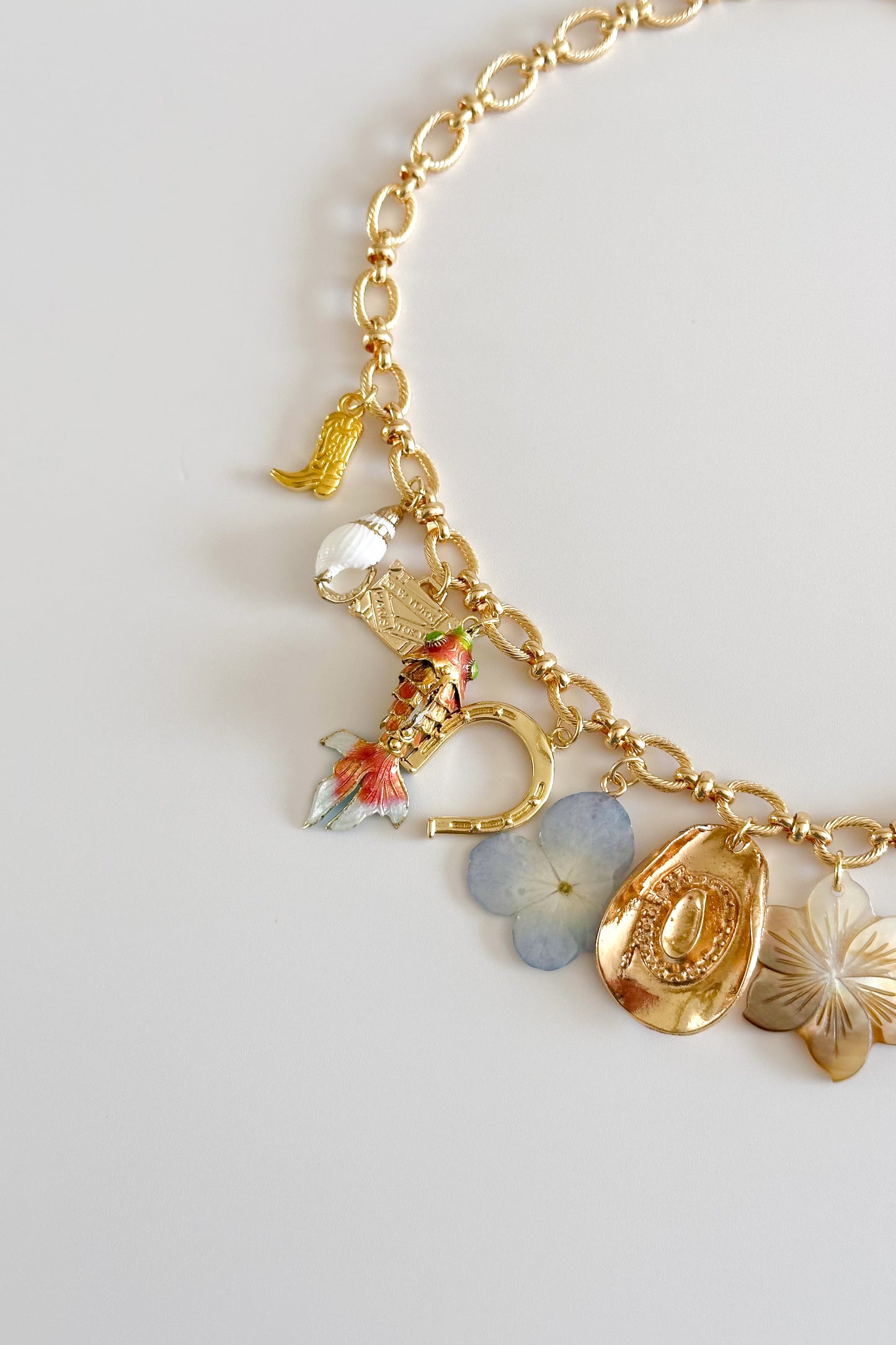 Shell & Saddle Gold Plated Statement Vintage Charm Necklace