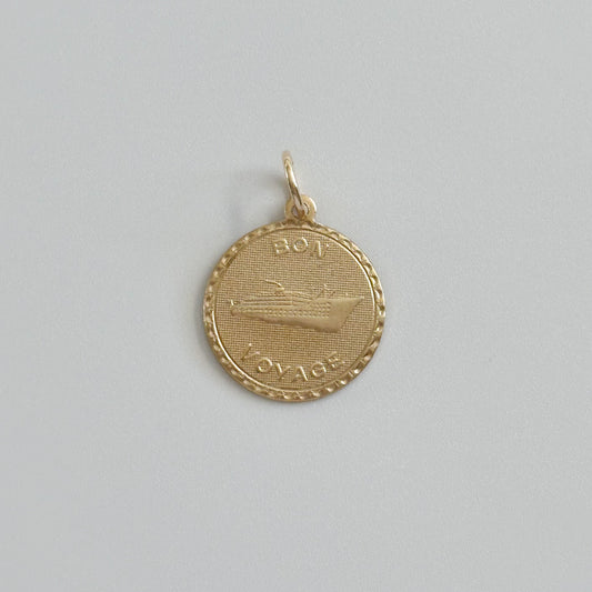 Vintage Bon Voyage Circle Coin Raw Brass Charm 22x20mm