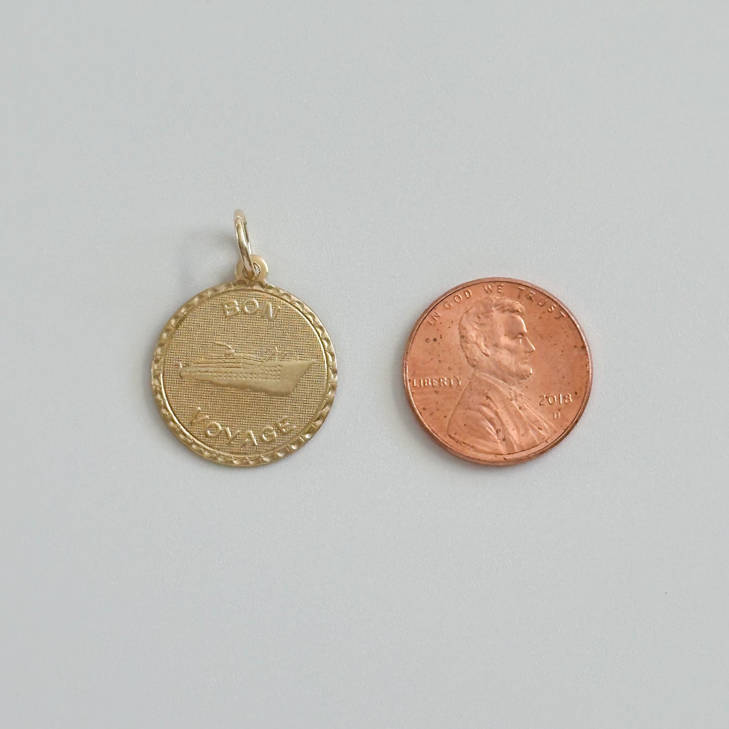 Vintage Bon Voyage Circle Coin Raw Brass Charm 22x20mm
