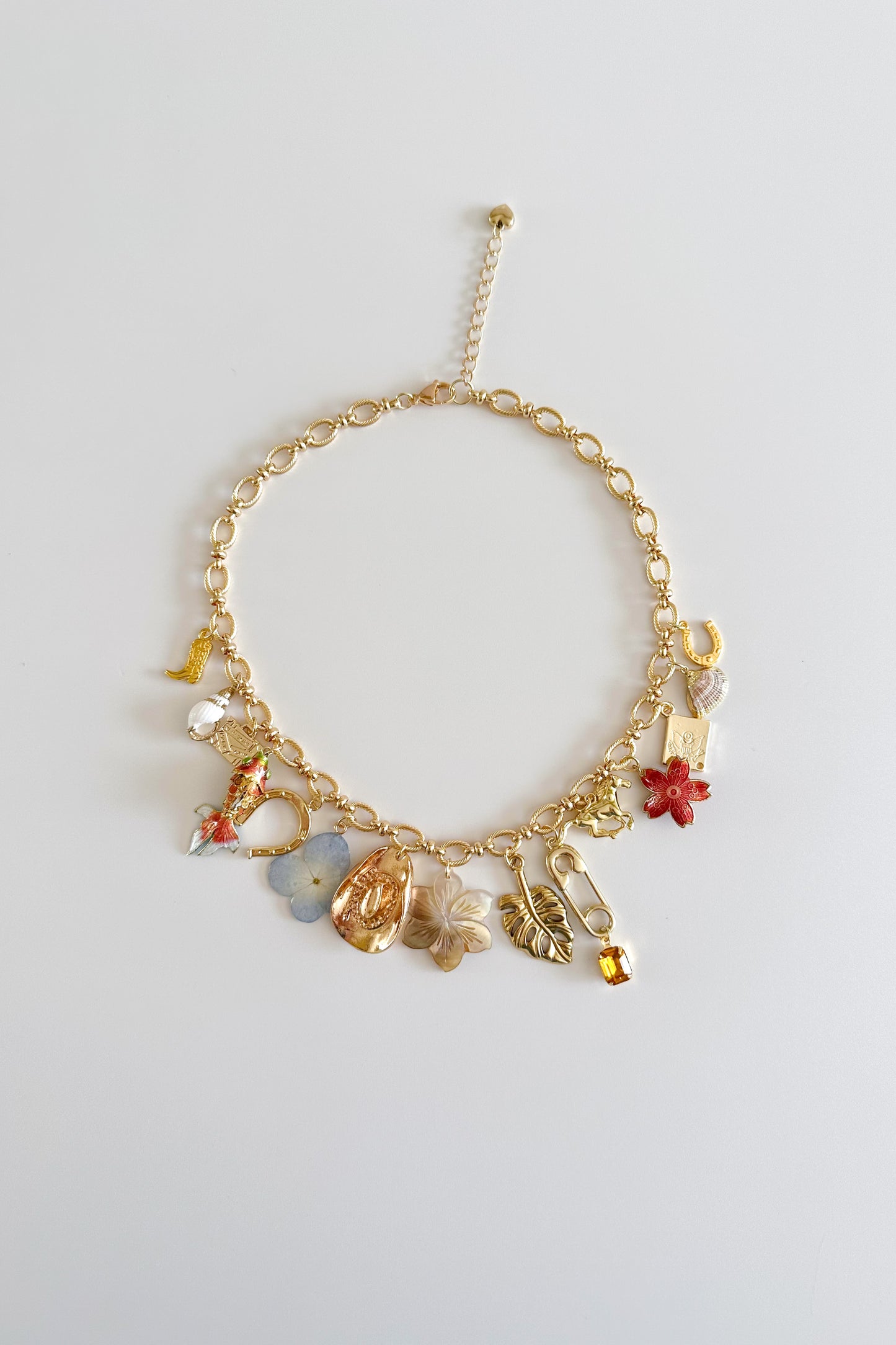 Shell & Saddle Gold Plated Statement Vintage Charm Necklace