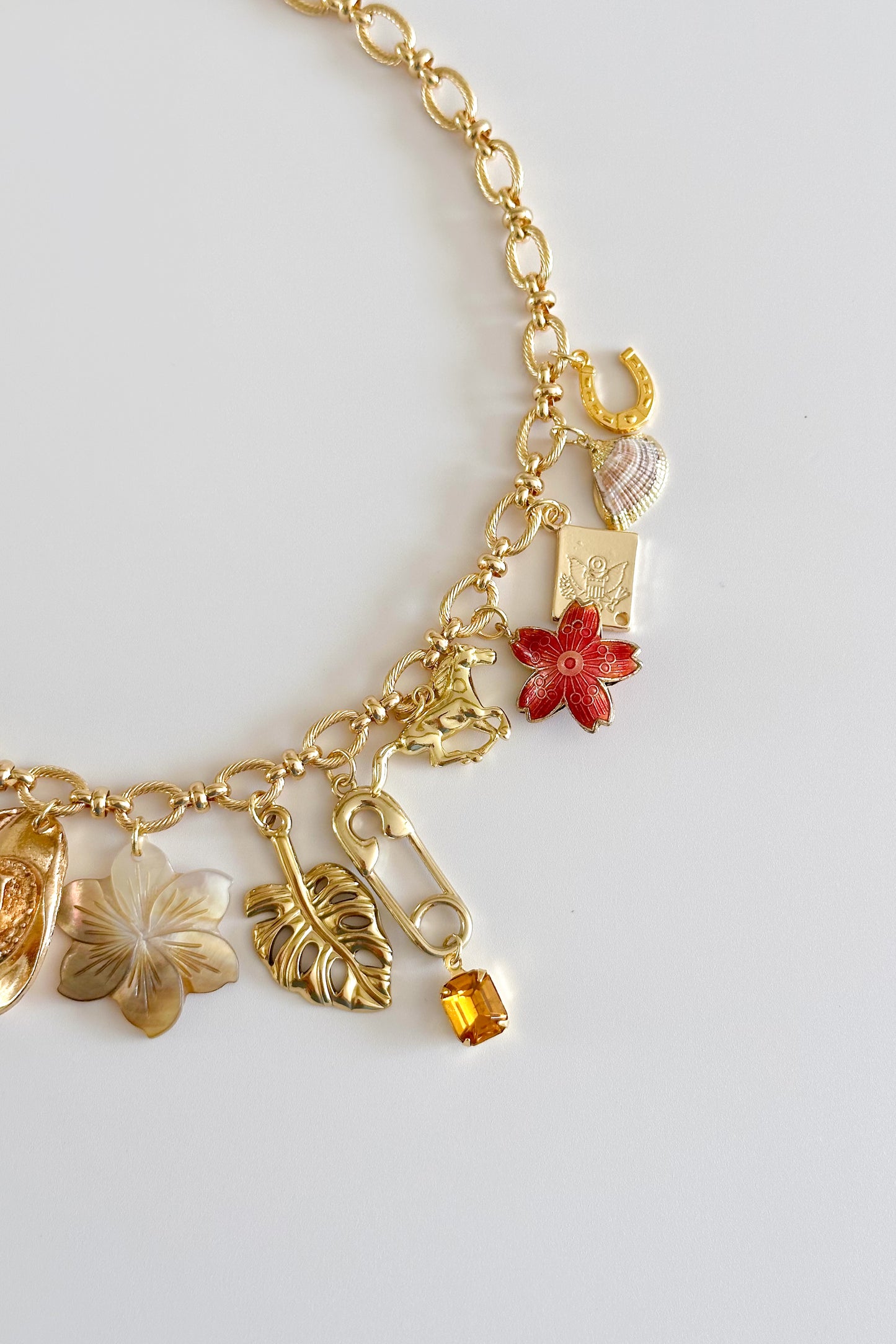 Shell & Saddle Gold Plated Statement Vintage Charm Necklace