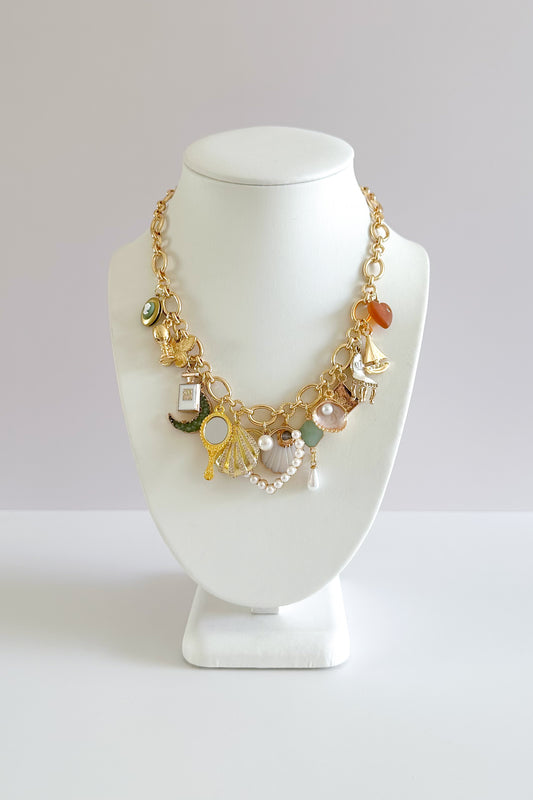 Bon Voyage Gold Plated Statement Vintage Charm Necklace