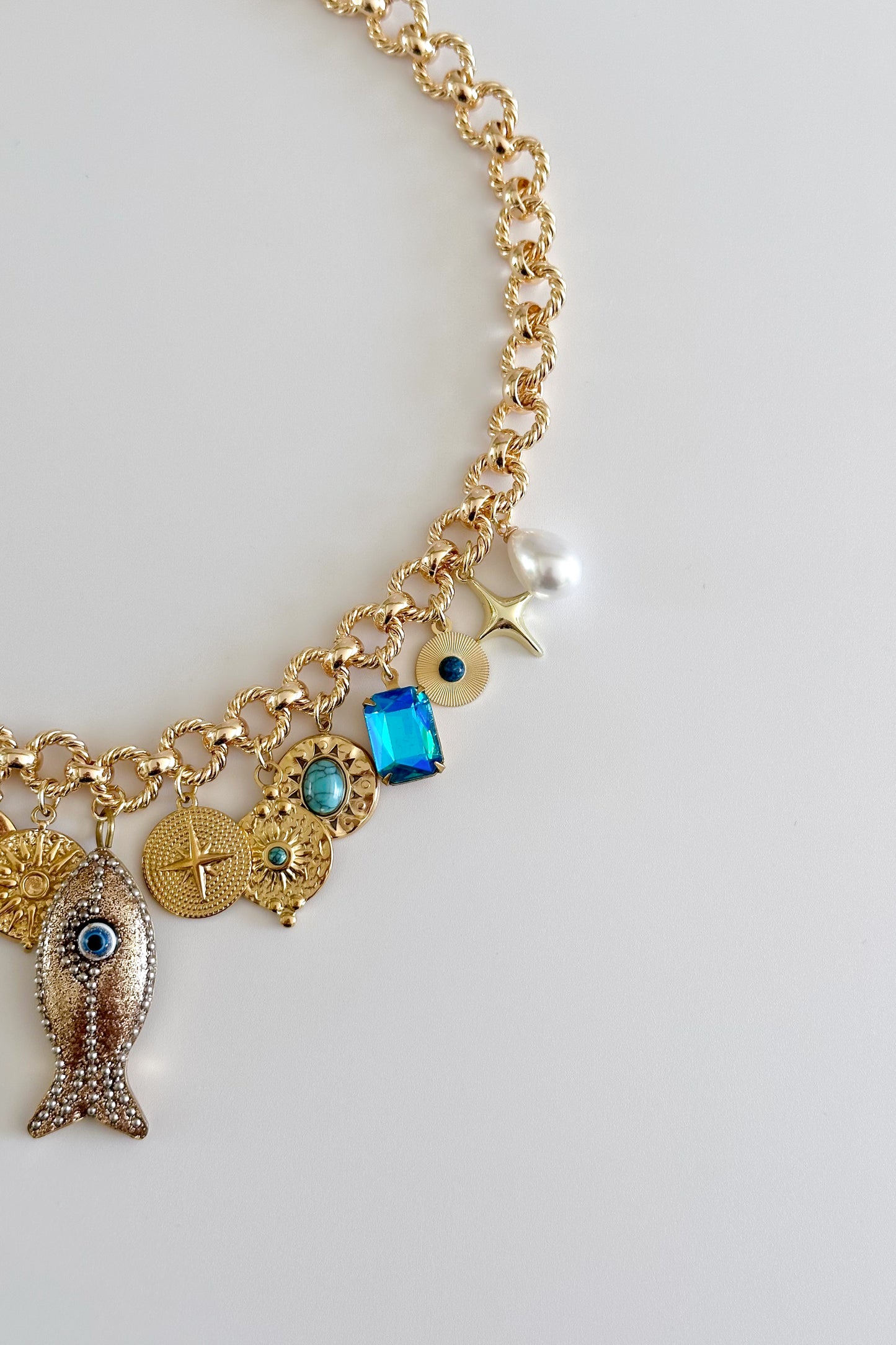 Glistening Gills Gold Plated Statement Vintage Charm Necklace