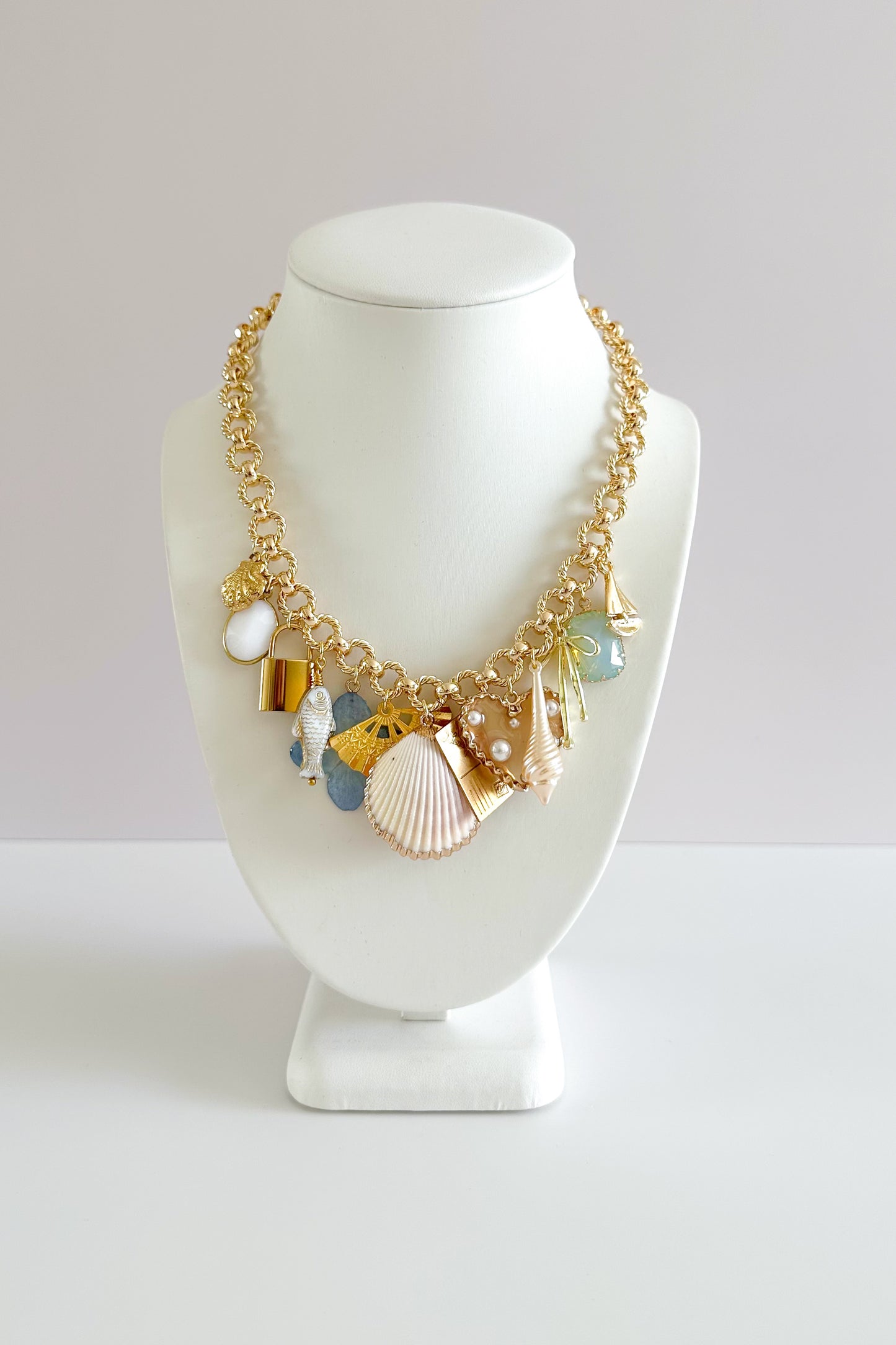 Seafoam Gold Plated Statement Vintage Charm Necklace