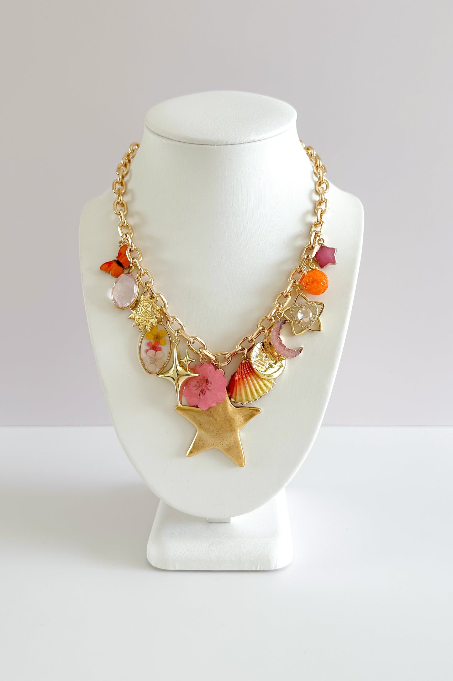 Coral Sky Gold Plated Statement Vintage Charm Necklace