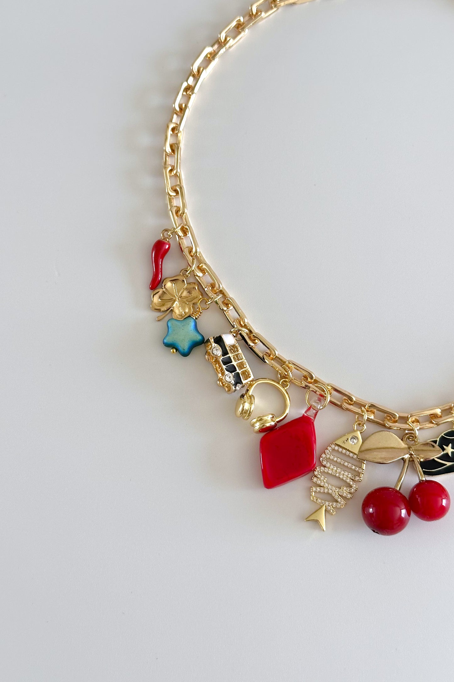 Cherry Girl Gold Plated Statement Vintage Charm Necklace