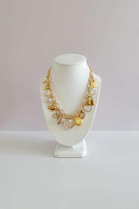 Pearly Seashore Gold Plated Statement Vintage Charm Necklace