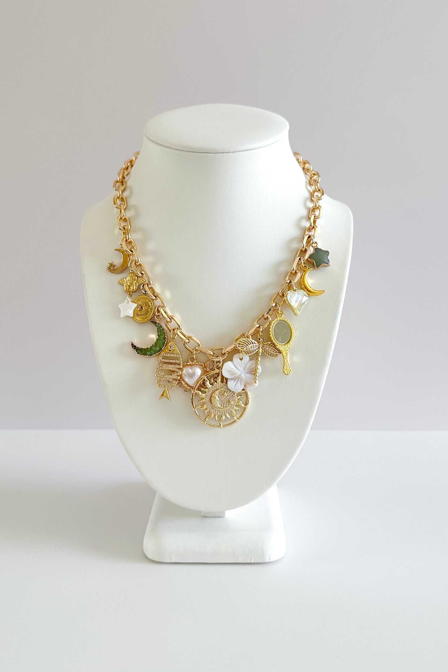 Sage Moon Gold Plated Statement Vintage Charm Necklace