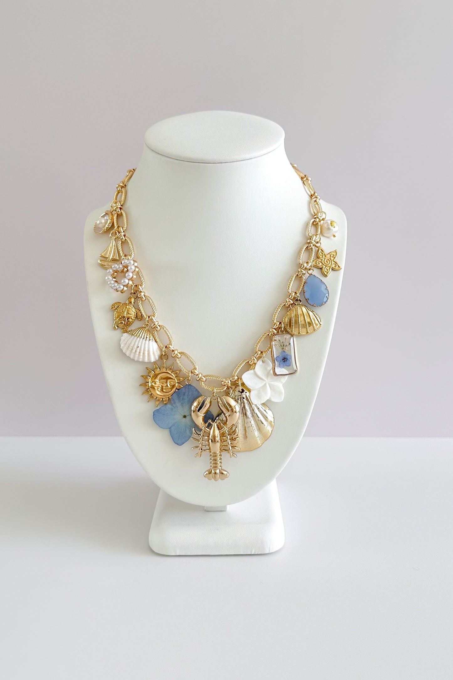 Pearly Seashore Gold Plated Statement Vintage Charm Necklace