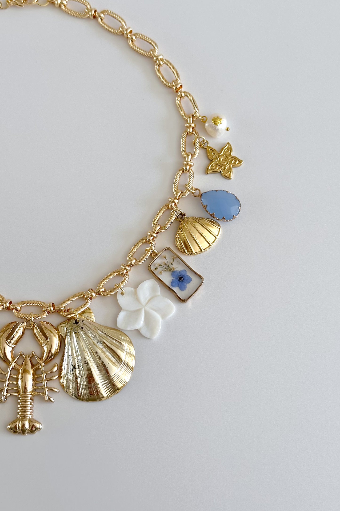 Pearly Seashore Gold Plated Statement Vintage Charm Necklace