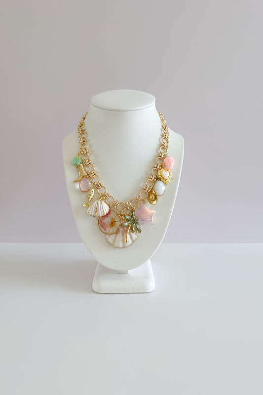 Shells & Palms Gold Plated Statement Vintage Charm Necklace