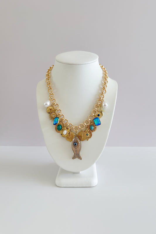 Glistening Gills Gold Plated Statement Vintage Charm Necklace