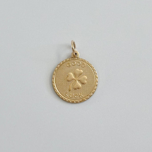 Vintage Good Luck Clover Circle Coin Raw Brass Charm 22x20mm
