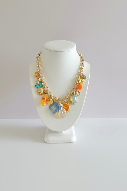 Periwinkle Citrus Gold Plated Statement Vintage Charm Necklace