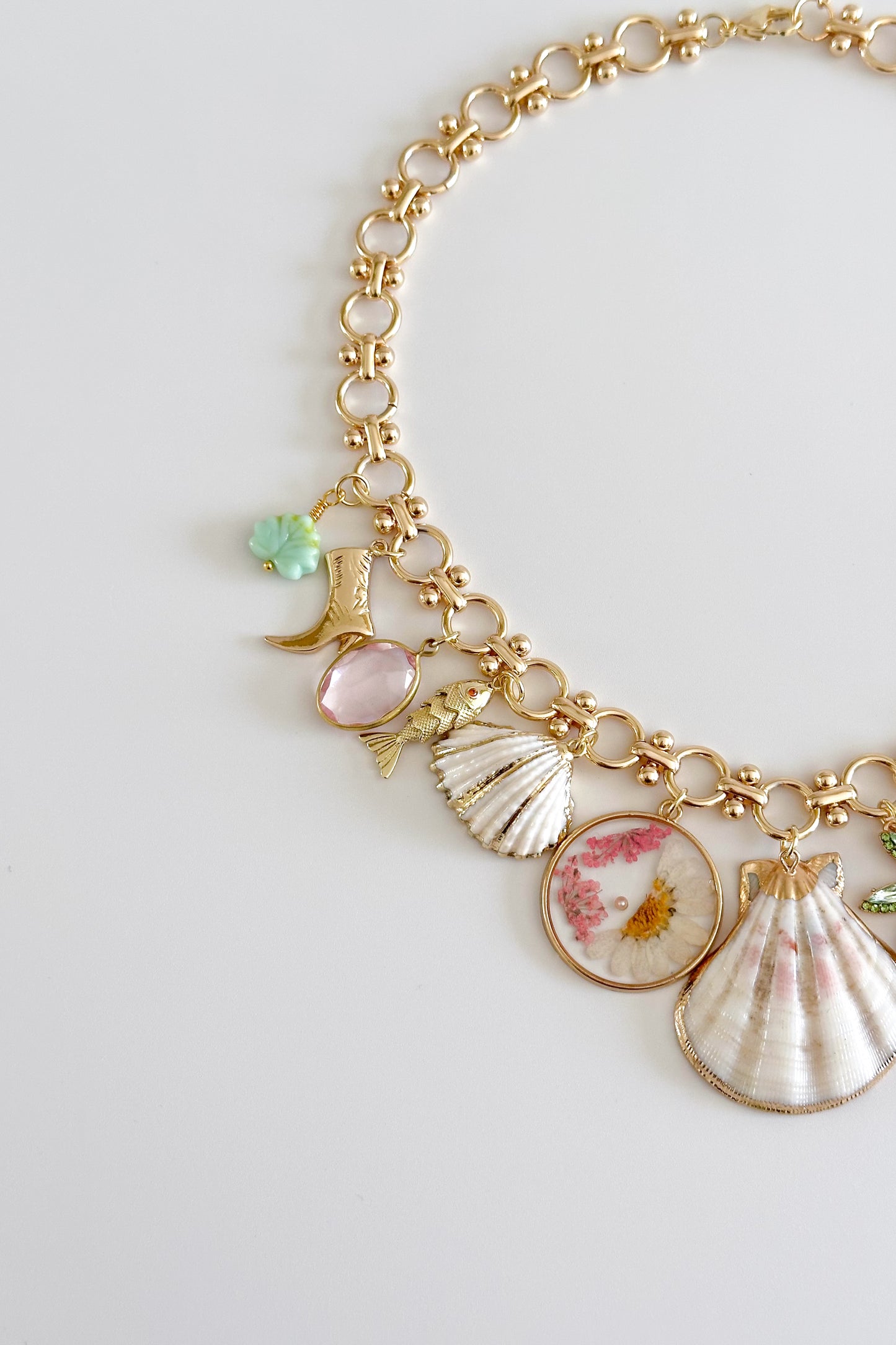 Shells & Palms Gold Plated Statement Vintage Charm Necklace