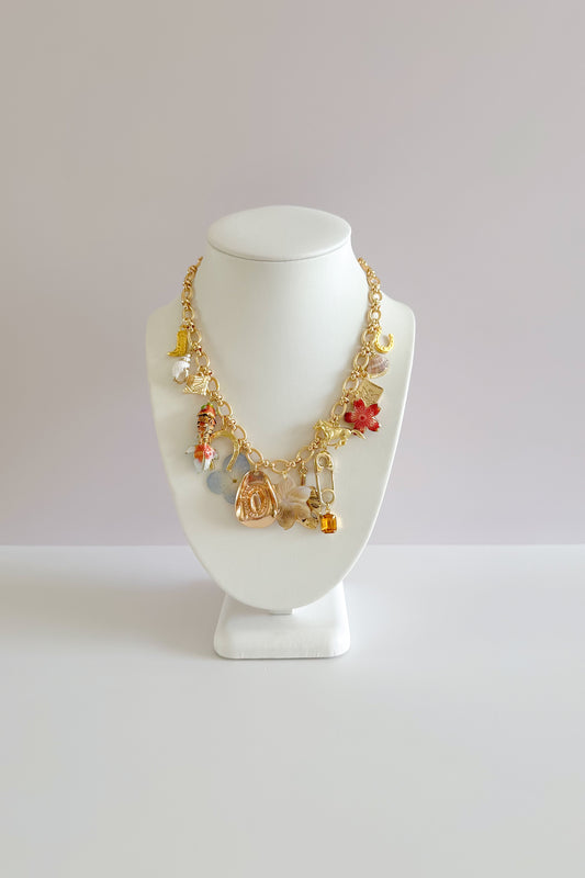 Shell & Saddle Gold Plated Statement Vintage Charm Necklace