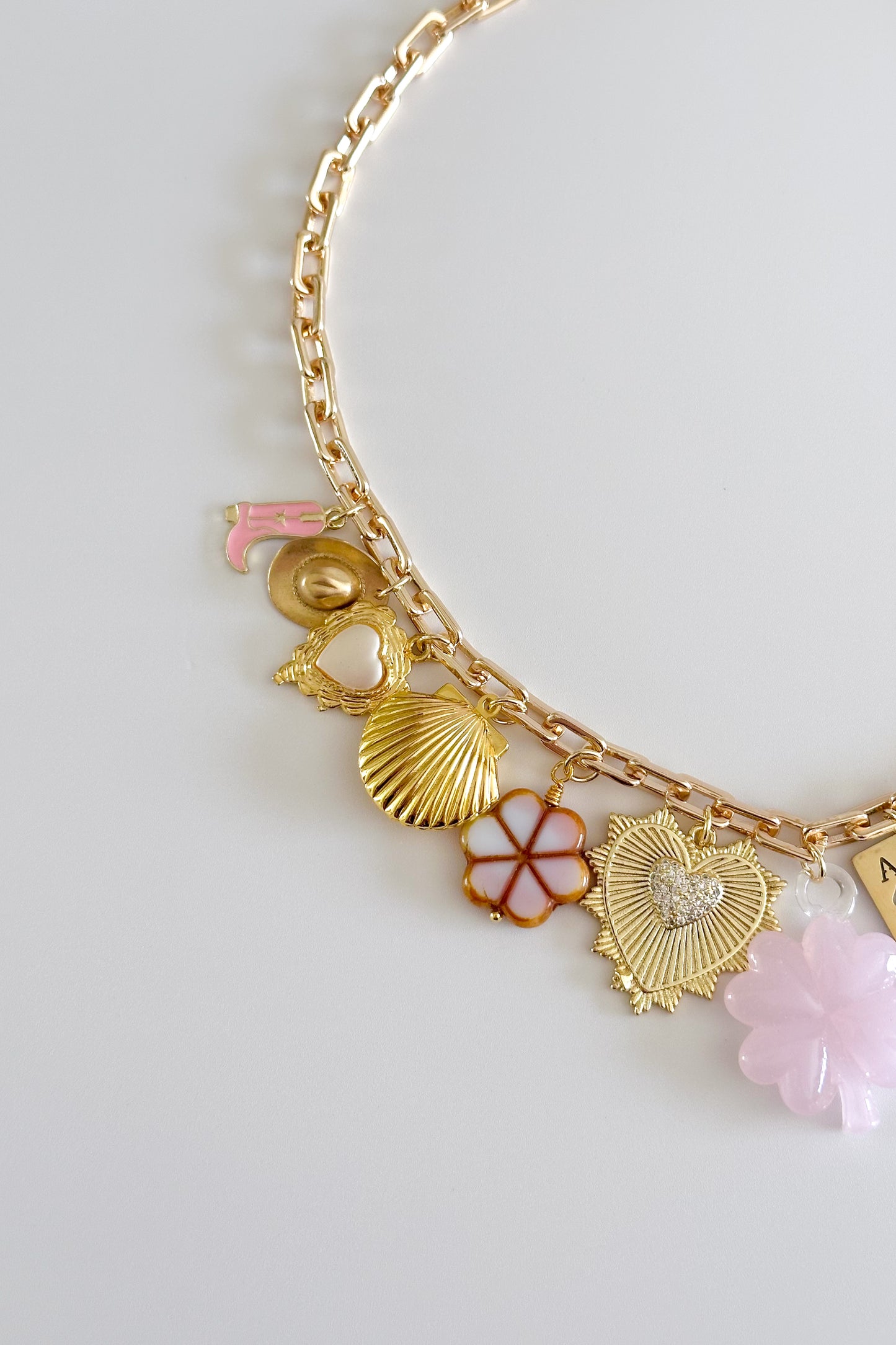 Pink Cowgirl Gold Plated Statement Vintage Charm Necklace