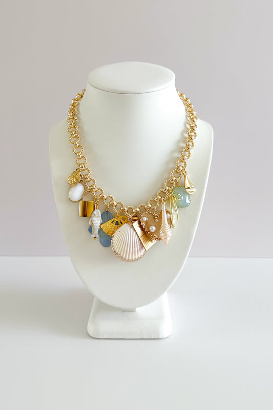 Seafoam Gold Plated Statement Vintage Charm Necklace